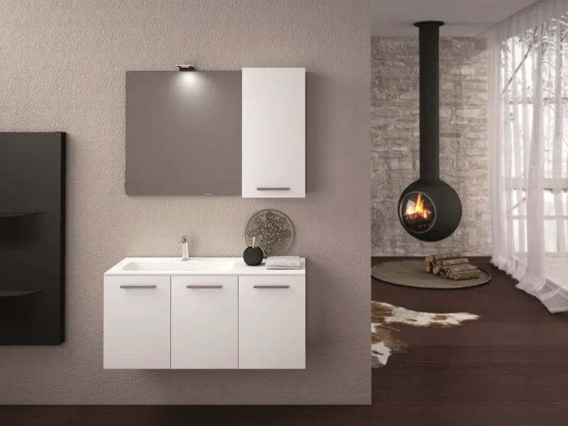 Kompakter Waschtisch OLA 07 in durchgehendem Weiß mit Mineraltek-Platte und schlichten Bügelgriffen