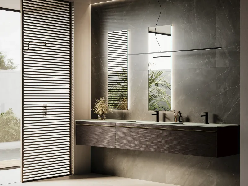 Doppelwaschtisch REVERSO 05 mit heller Mineraltek-Platte und dunklen gerillten Holzfronten