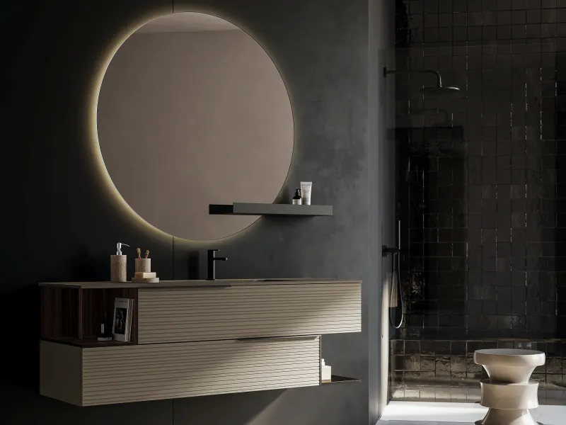 Waschtisch REVERSO 06 mit dunkler Gress-Marmorplatte und heller Rillenfront in Stone Grey