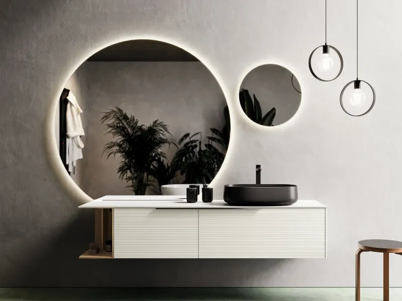 Waschtisch REVERSO 09 in Weiß mit schwarzem ovalem Auflagebecken und gerillten Fronten