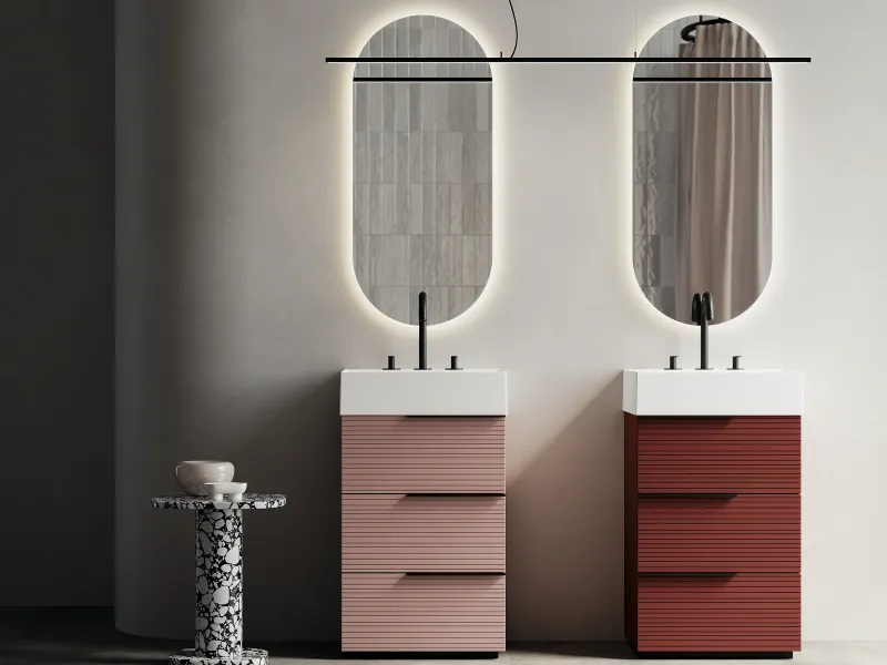 Fugenloser Waschtisch mit Unterschrank, Serie REVERSO, 50 x 45 cm. Individuell geplanter Waschplatz nach Maß.