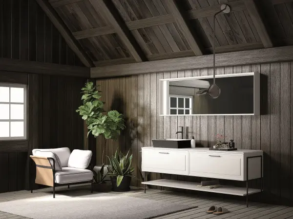 Bodenstehender Waschtisch ROMA 01 in Weiß mit heller Marmorplatte und schwarzen Metallbeinen