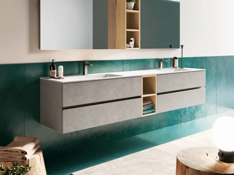 Doppelwaschtisch U&D 01 mit weißer Ocritech-Platte und modularen Fronten in Stein- und Holzdekor