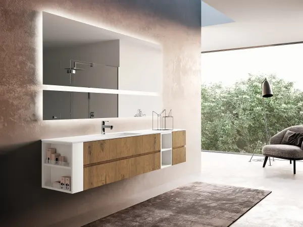 Waschtisch U&D 02/A mit weißer Ocritech-Platte und hellen Holzfronten in zwei ergänzenden Dekoren