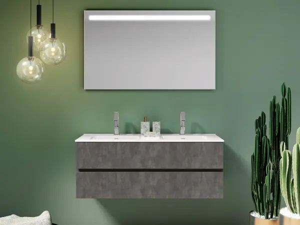 Kompakter Doppelwaschtisch U&D 06 mit weißer Platte und graubraunen Betonfronten in Ares Valletta