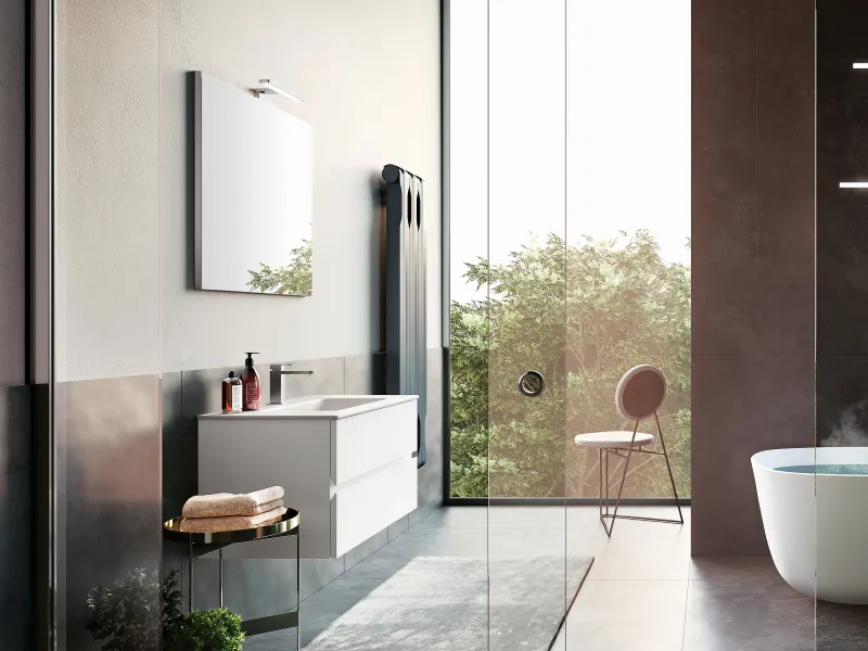 Kompakter Waschtisch U&D 08 mit weißer Platte und hellen Fronten in fast weißem Holzdekor