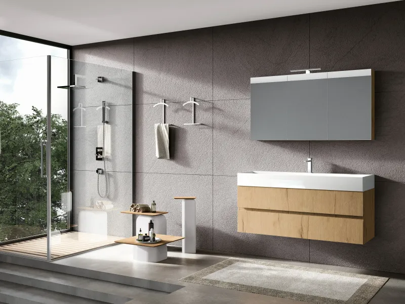 Fugenloser Waschtisch mit Unterschrank, Serie UP&DOWN, 120 x 45 cm und Spiegelschrank. Individuell geplanter Waschplatz nach Maß.