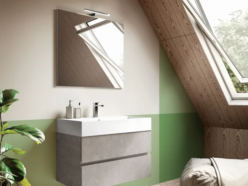 Kompakter Waschtisch U&D 12 mit weißem kubischem Auflagebecken auf hellem Steindekor-Unterschrank