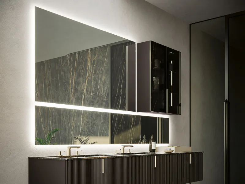 Waschtisch VERTIGO 01 mit schwarzer Gress-Marmorplatte mit goldenen Adern auf breitem dunklem Unterschrank