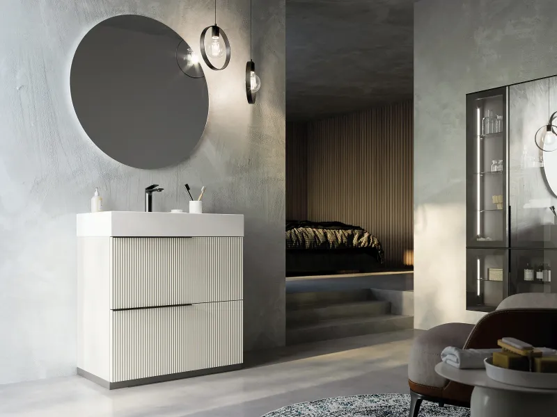 Bodenstehender Waschtisch VERTIGO 02 in Weiß mit kubischem Auflagebecken auf schlanken Metallbeinen