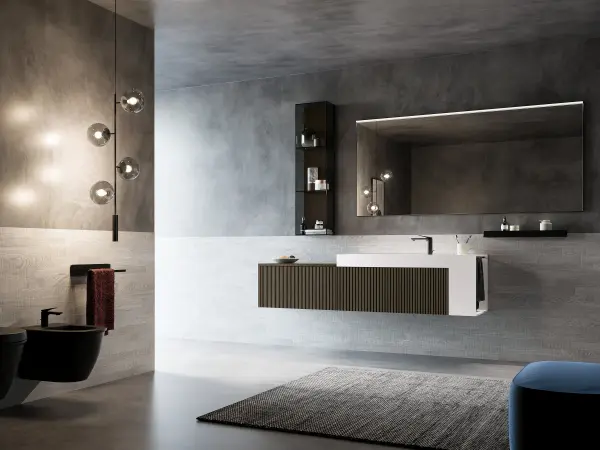 Waschtisch VERTIGO 04 mit dunklem Holzdekor und weißem kubischem Auflagebecken und schwarzen Metallablagen