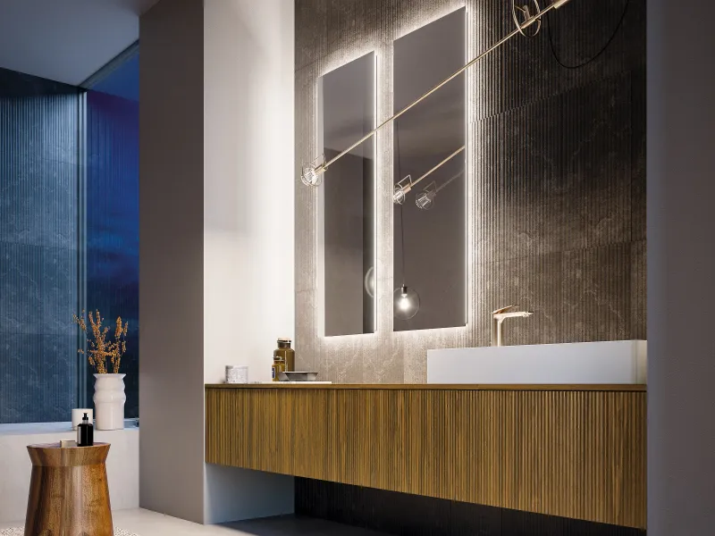 Waschtisch VERTIGO 06 mit dunkler Holzplatte und helleren Holzfronten mit weißem Auflagebecken und Goldarmatur