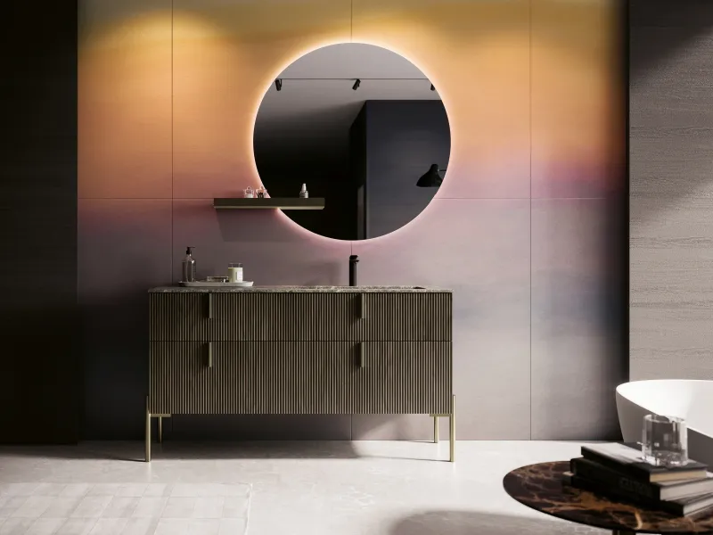 Bodenstehender Waschtisch VERTIGO 13 mit dunkler Gress-Marmorplatte und Holzfronten auf schwarzen Metallbeinen