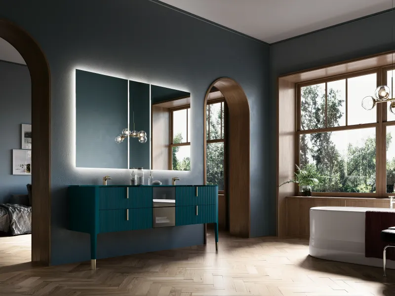 Doppelwaschtisch VERTIGO 14 durchgehend in leuchtendem Ozeanblau mit hochglänzender Glasoberfläche