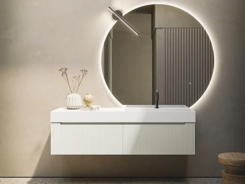 Waschtisch VERTIGO EVO 04 in Weiß mit konvex gewölbten Fronten und fugenloser Ocritech-Platte