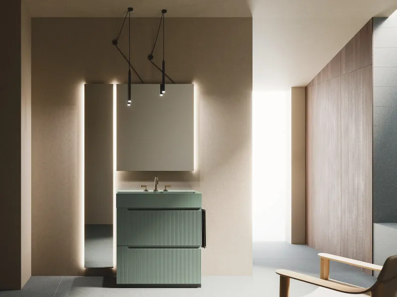 Bodenstehender Waschtisch VERTIGO EVO 06 durchgehend in Salbeigrün mit fugenlosem Mineraltek-Waschtisch