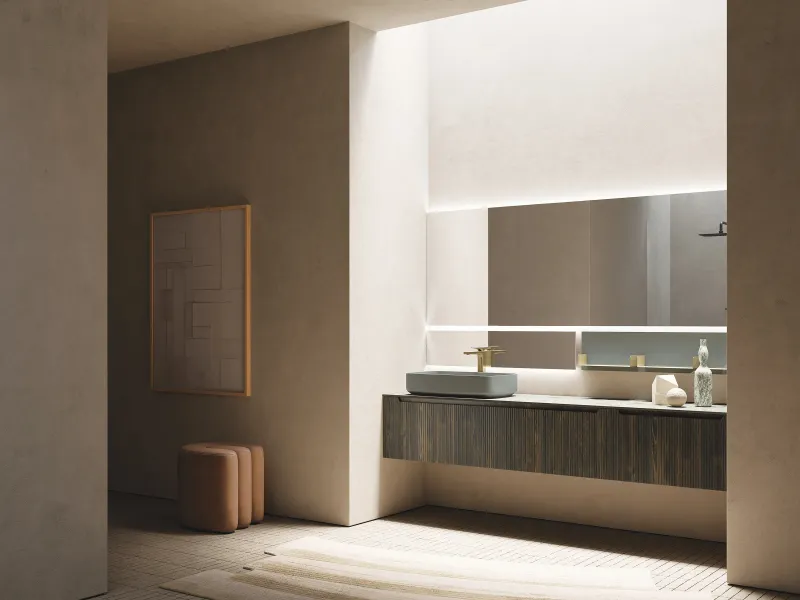 Waschtisch VERTIGO EVO 07 mit Terrazzoplatte und grauem Auflagebecken auf gewölbten dunklen Holzfronten