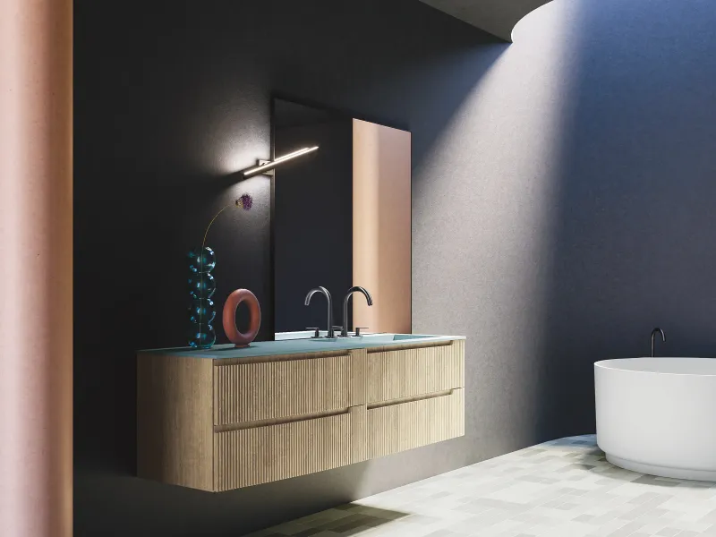 Waschtisch VERTIGO EVO 08 in gedämpftem Hellblau mit konvex gewölbten Fronten und offenem Holzregal