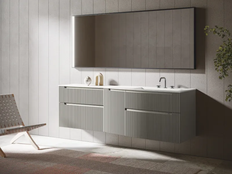 Bodenstehender Waschtisch VERTIGO EVO 13 mit weißer Platte und gewölbten Fronten in Quarzgrau