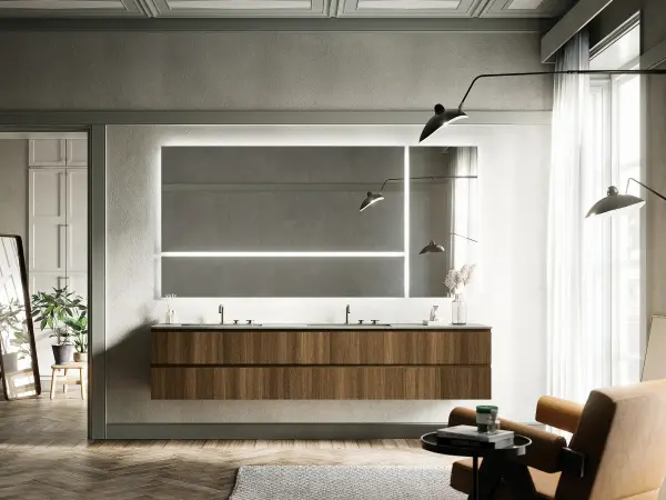 Doppelwaschtisch YOUNG 21-01 mit heller Gress-Marmorplatte und zwei fugenlos eingelassenen Becken