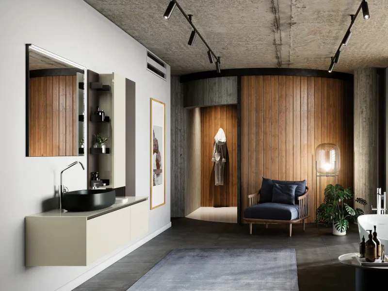 Waschtisch YOUNG 21-03/C mit hochglänzender Glasplatte in Grauweiß und schwarzem Auflagebecken