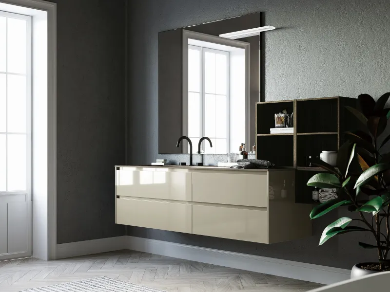 Waschtisch YOUNG 21-06 mit dunkler Gress-Marmorplatte und hochglänzenden Fronten in Seidengrau