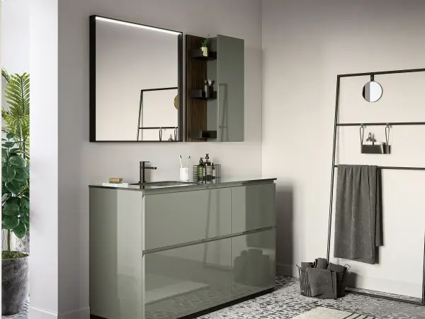 Bodenstehender Waschtisch YOUNG 21-12/B durchgehend in hochglänzendem Betongrau auf schlanken Beinen