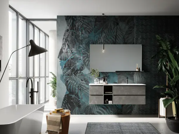 Waschtisch YOUNG 21-14/B mit weißer Ocritech-Platte und graubraunen Betonfronten mit schwarzen Metallakzenten