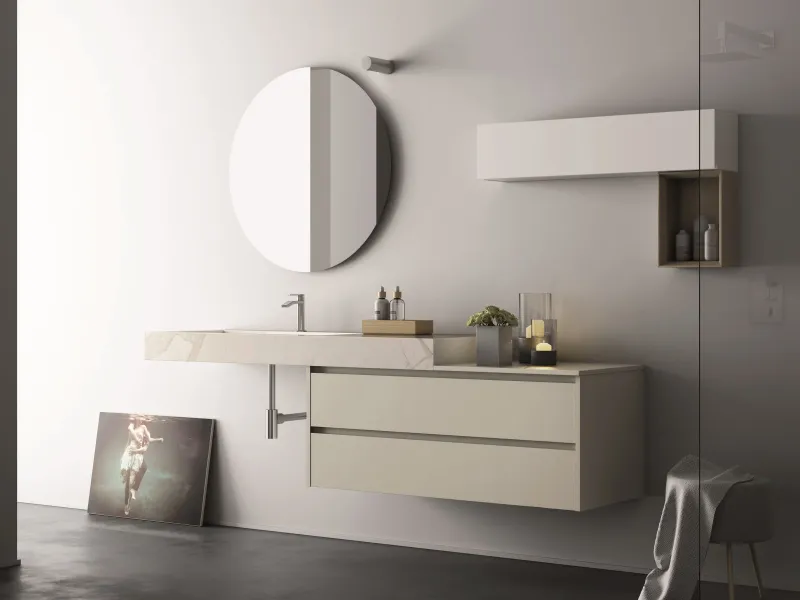 Waschtisch YOUNG F-509 mit heller Gress-Marmorplatte und geteilten Fronten in Achatgrau und Weiß