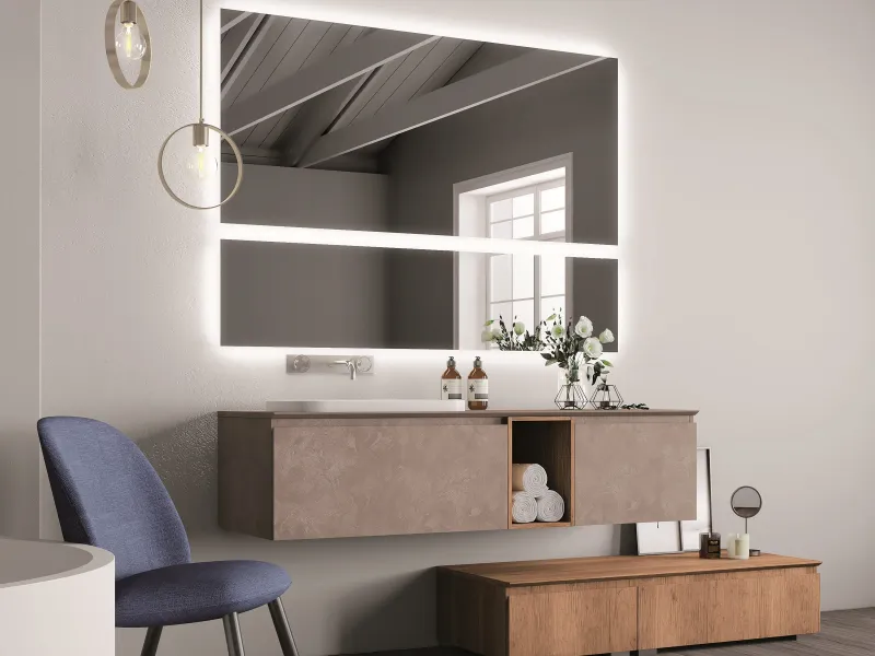 Waschtisch YOUNG NW 03/B mit Zementoptik-Platte und weißem Halbeinsatzbecken und hellen Holzfächern