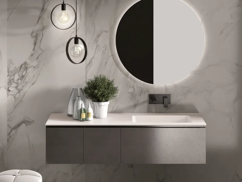 Waschtisch YOUNG NW2_05B mit weißer Ocritech-Platte und stahlfarbenen Metallic-Fronten