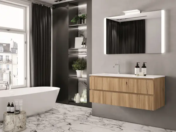 Waschtisch YOUNG NW2_09 mit weißer Platte und warmen Holzfronten in Sable Abbey mit ovalem Becken