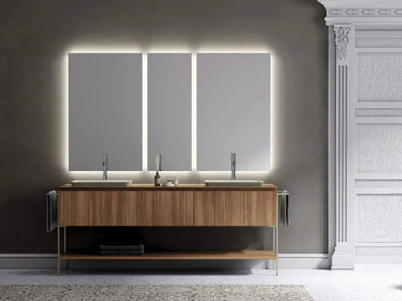 Doppelwaschtisch YOUNG NW2_06X mit warmer Nussbaumplatte und zwei weißen Halbeinsatzbecken