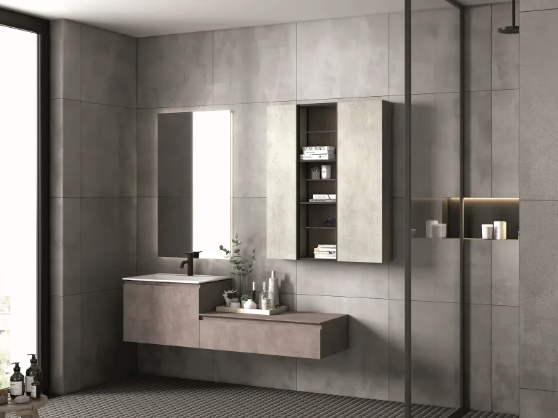 Waschtisch YOUNG NW2_10 mit weißer Concrete-Platte und modularen Fronten in hellem Steindekor