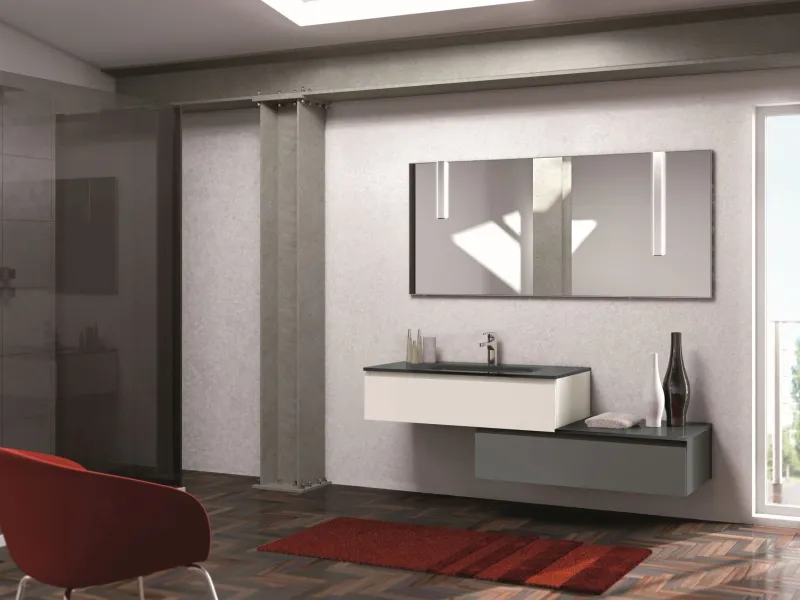 Waschtisch YOUNG T-04 durchgehend in hochglänzendem Basaltgrau mit weißem Hochschrank