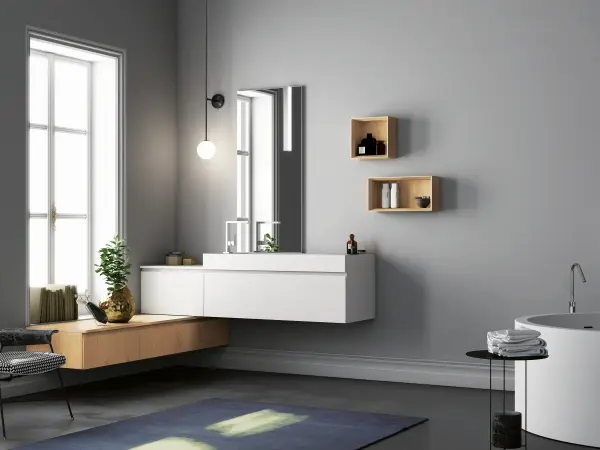 Waschtisch YOUNG T-503/B mit weißer Corian-Platte und hellen Holzfronten auf extrem flachem Unterschrank