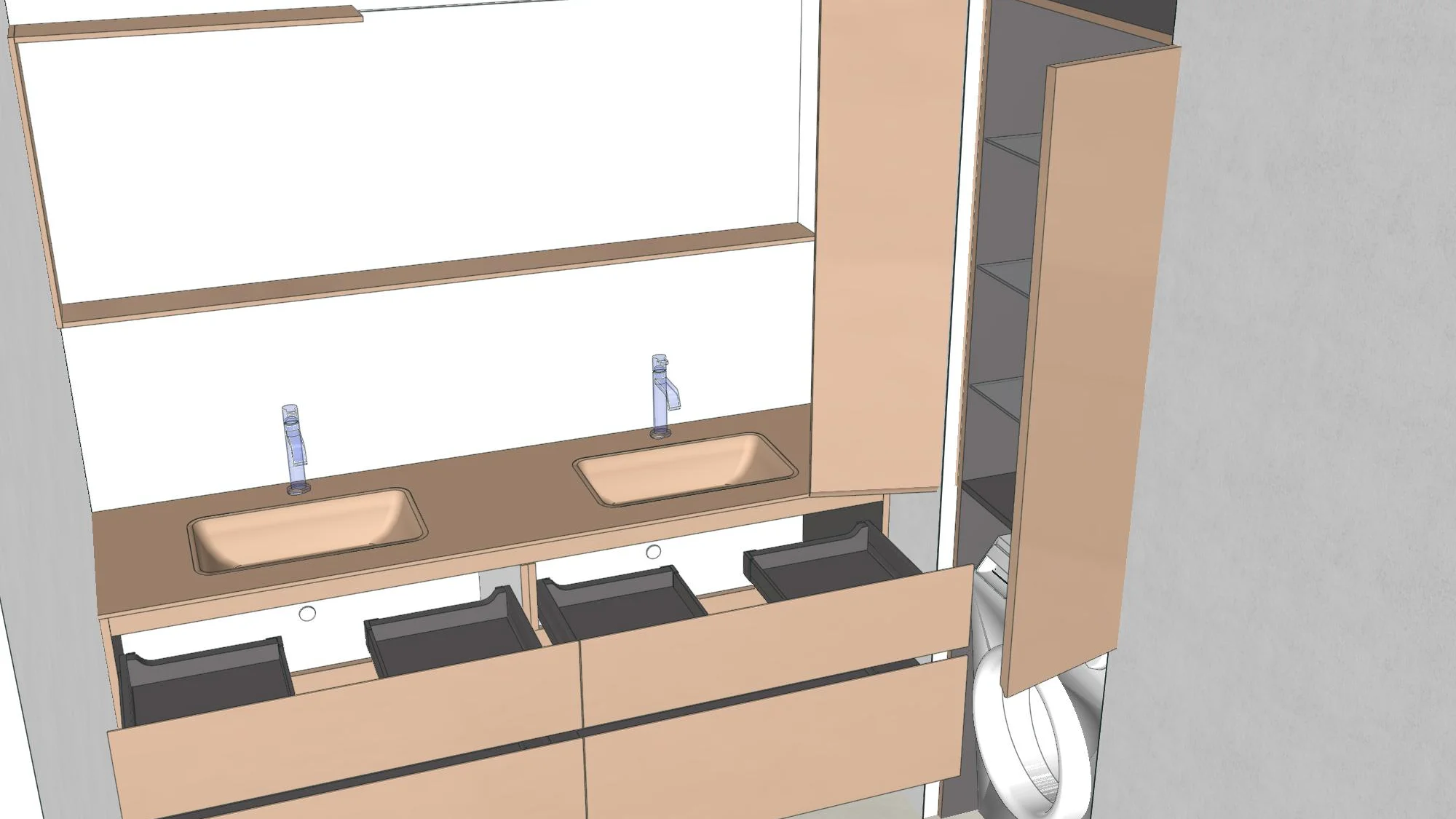3D-Planung: Doppelwaschtisch mit zwei Becken, rechts ein geöffneter Hochschrank mit Regalböden oben und der Waschmaschine unten