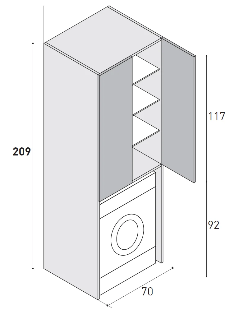 Maßzeichnung eines 209 cm hohen Hochschranks: oben Fachböden hinter Türen über 117 cm, unten die Waschmaschine offen über 92 cm