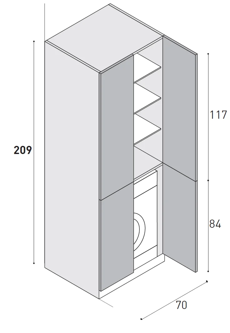 Maßzeichnung eines 209 cm hohen Hochschranks mit geteilten Türen: oben drei Fachböden über 117 cm, unten die Waschmaschine über 84 cm