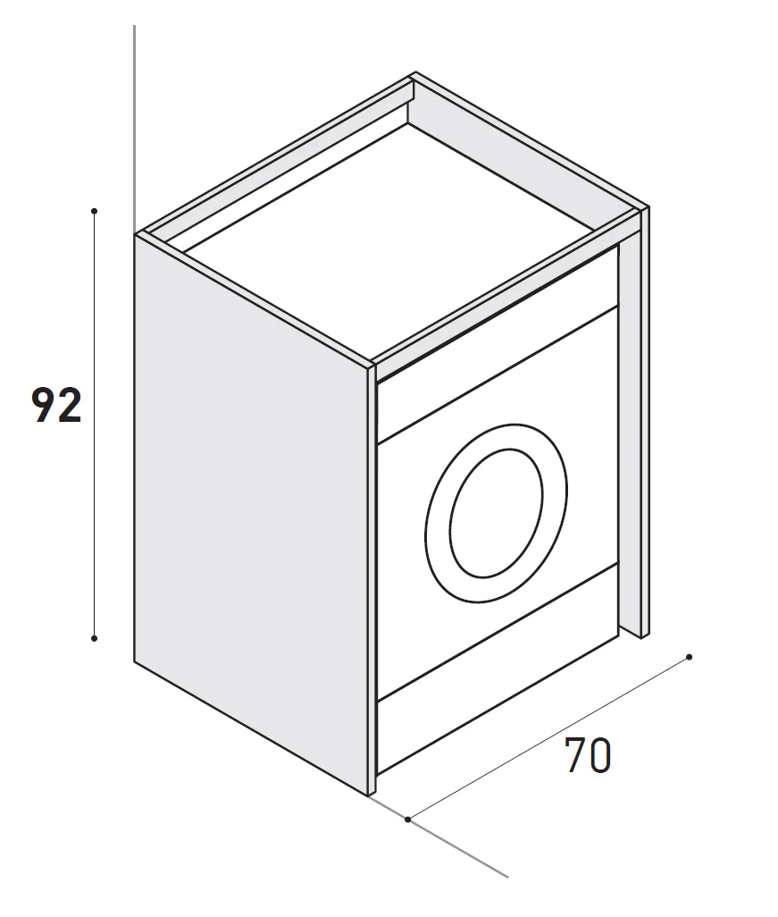 Maßzeichnung eines 92 cm hohen Unterschranks ohne Türen, die Waschmaschine steht offen im Möbel; Schrank 70 cm breit