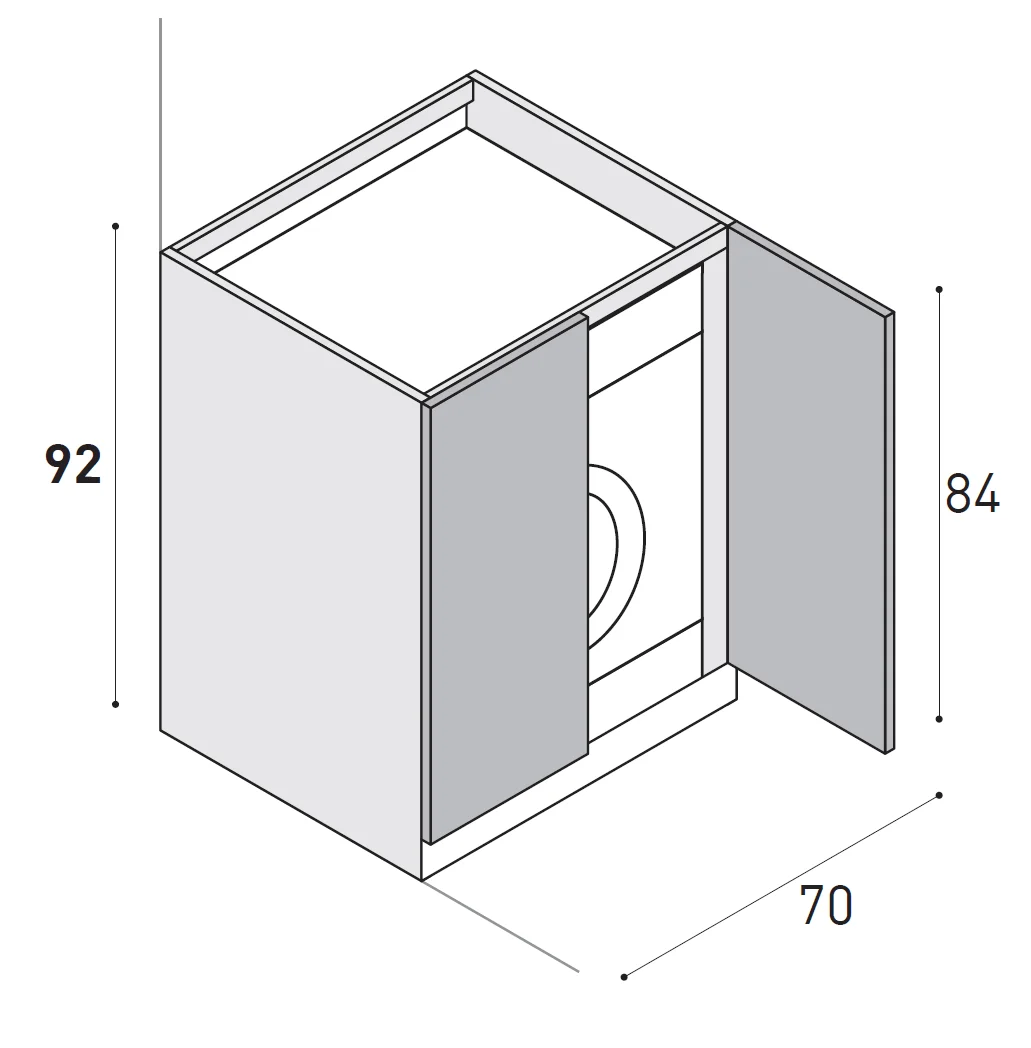 Maßzeichnung eines 92 cm hohen Unterschranks mit geöffneten Türen, darin die Waschmaschine; Gerätefach 84 cm hoch, Schrank 70 cm breit