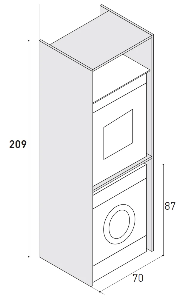 Maßzeichnung eines 209 cm hohen Hochschranks ohne Türen, oben der Trockner, unten die Waschmaschine über 87 cm