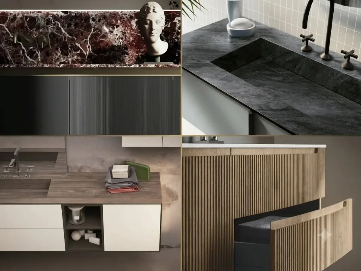 Vier Materialdetails der Badmöbel-Serien: roter Marmor, dunkler Stein, Holzdekor und hell gerillte Front