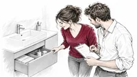 Zeichnung eines Paars am Waschplatz: Die Frau öffnet einen Auszug, der Mann notiert ihre Rückmeldung auf einem Klemmbrett.