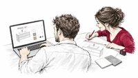 Paar vergleicht Waschplatzmaße und Materialproben am Laptop.