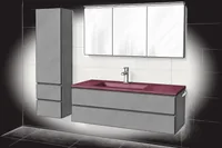 Zeichnung eines fugenlosen Möbelwaschtischs mit burgund markierter Beckenplatte auf einem grauen Unterschrank mit zwei Schubladen.