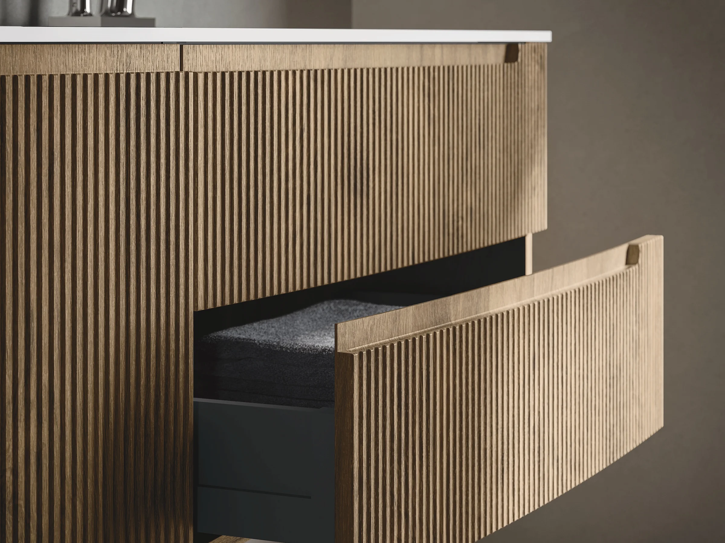 VERTIGO EVO Schublade geöffnet, Rillenstruktur-Front, Auszugssystem sichtbar