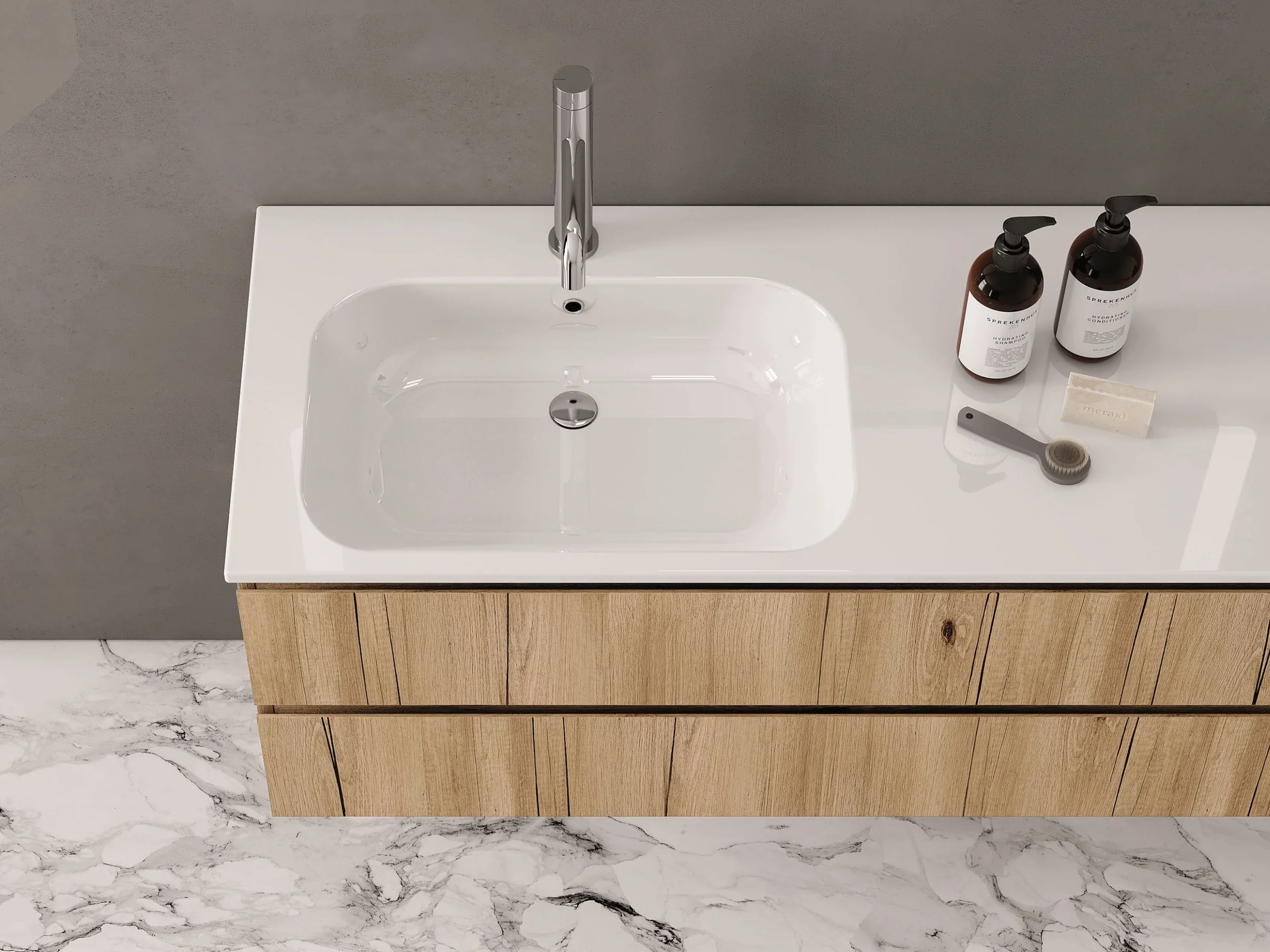 Fugenloser Waschtisch, Becken nahtlos in die Platte eingelassen