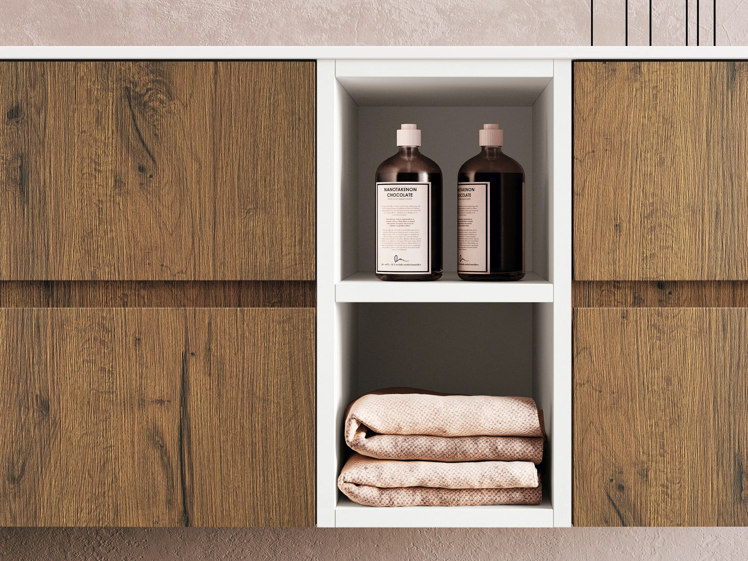 Modularer Aufbau: Offenes Regal zwischen zwei Unterschrank-Elementen