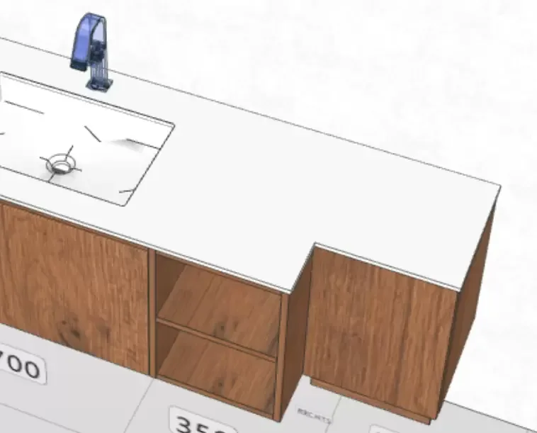 Technische Zeichnung: Waschtisch mit Tiefenversatz, 52 cm Beckentiefe, 21 cm an den Seiten